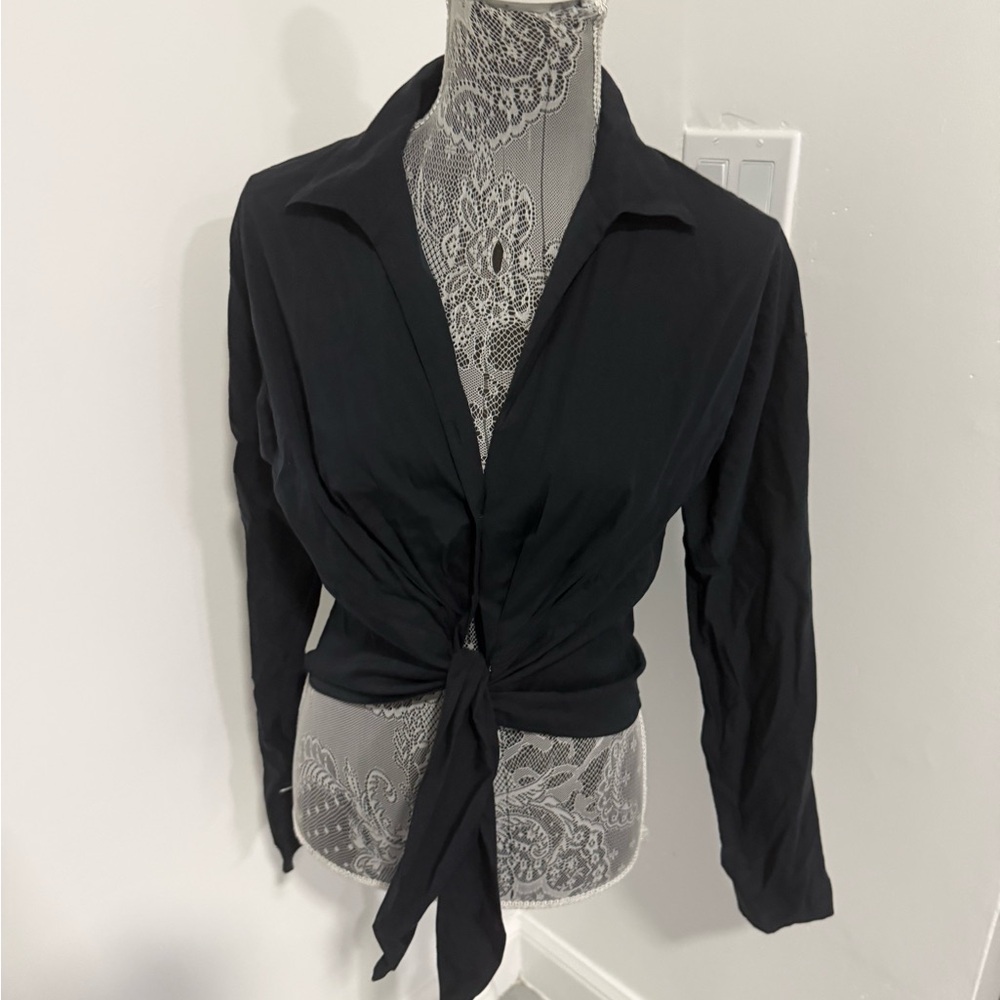 Elegant Black Tie-Front Blouse